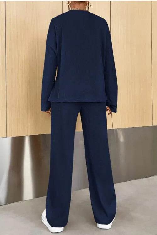 Ribbed Half Button Top and Pants Set - Bona Fide Fashion