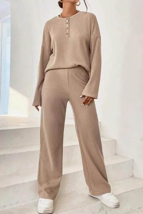 Ribbed Half Button Top and Pants Set - Bona Fide Fashion