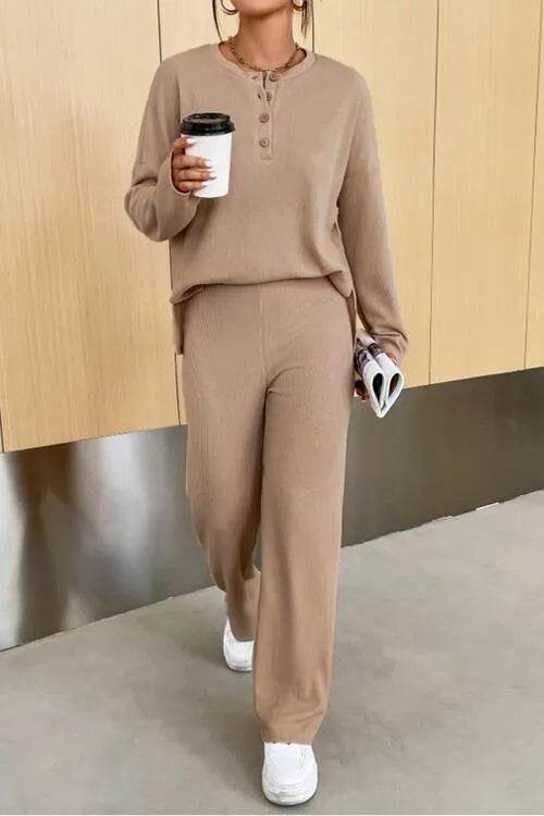 Ribbed Half Button Top and Pants Set - Bona Fide Fashion