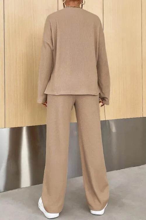 Ribbed Half Button Top and Pants Set - Bona Fide Fashion