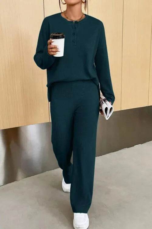 Ribbed Half Button Top and Pants Set - Bona Fide Fashion