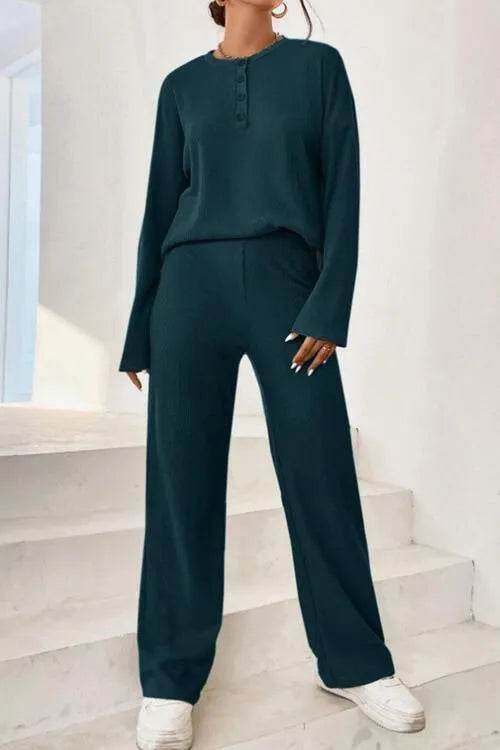 Ribbed Half Button Top and Pants Set - Bona Fide Fashion