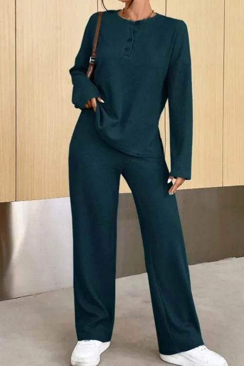 Ribbed Half Button Top and Pants Set - Bona Fide Fashion