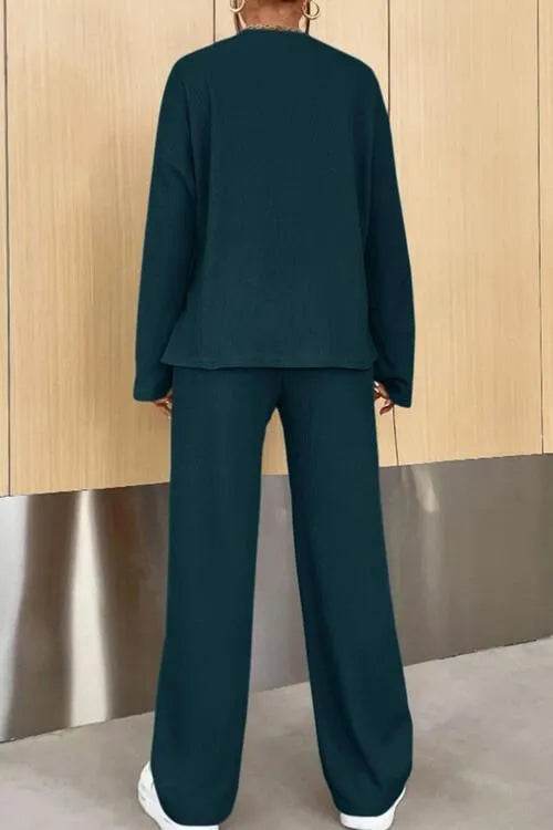 Ribbed Half Button Top and Pants Set - Bona Fide Fashion