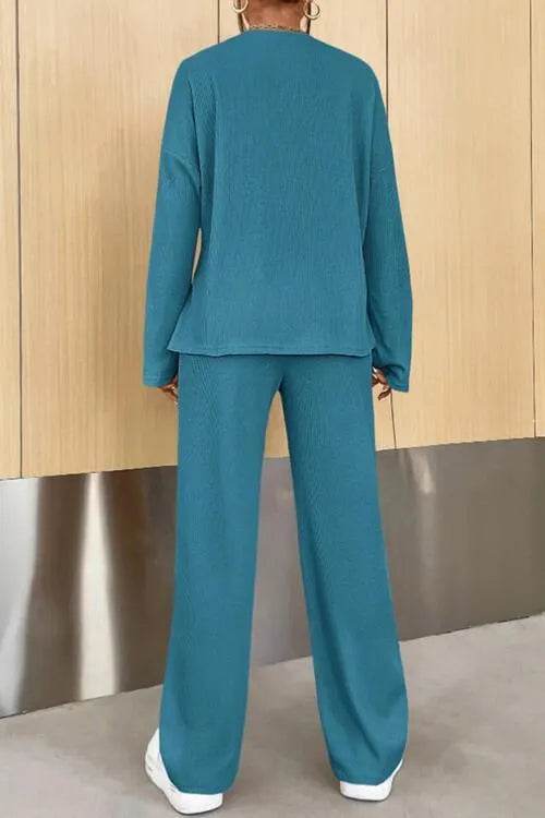 Ribbed Half Button Top and Pants Set - Bona Fide Fashion