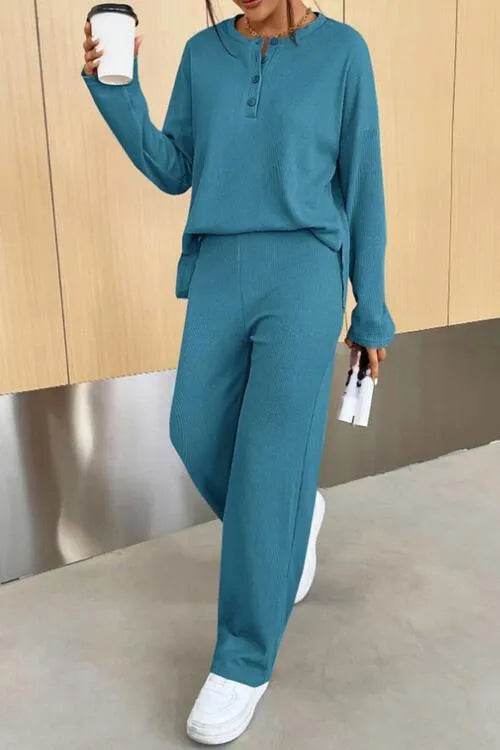 Ribbed Half Button Top and Pants Set - Bona Fide Fashion