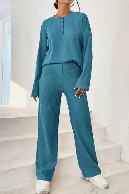 Ribbed Half Button Top and Pants Set - Bona Fide Fashion