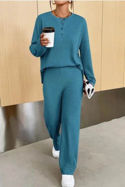 Ribbed Half Button Top and Pants Set - Bona Fide Fashion