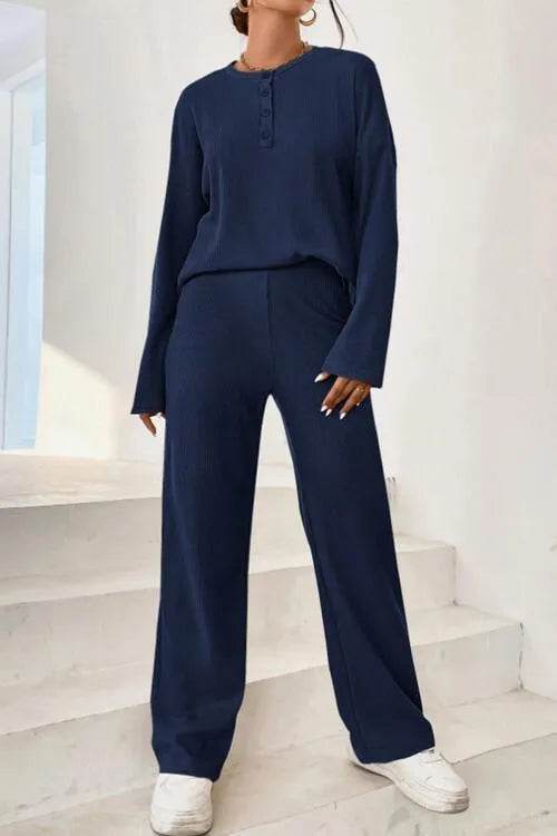 Ribbed Half Button Top and Pants Set - Bona Fide Fashion