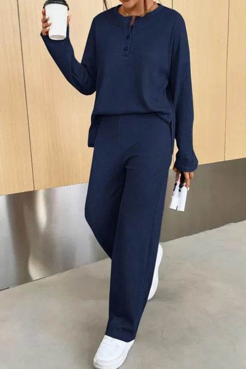 Ribbed Half Button Top and Pants Set - Bona Fide Fashion