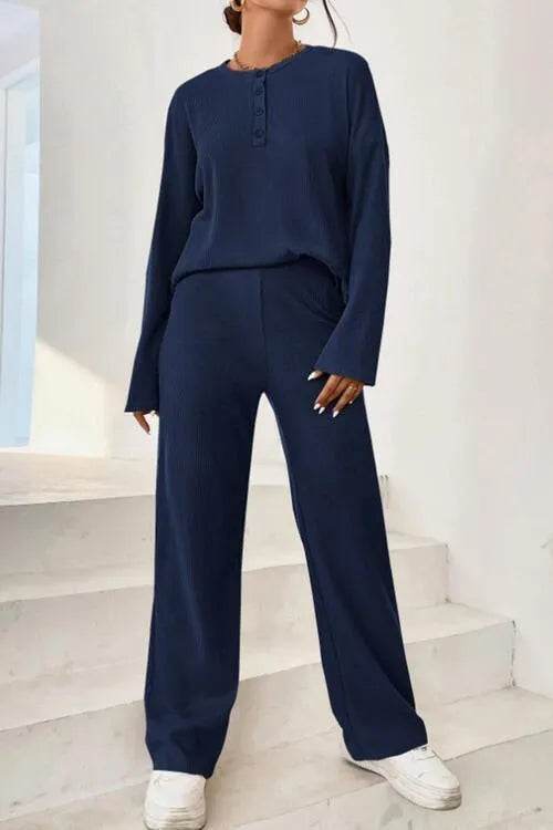 Ribbed Half Button Top and Pants Set - Bona Fide Fashion