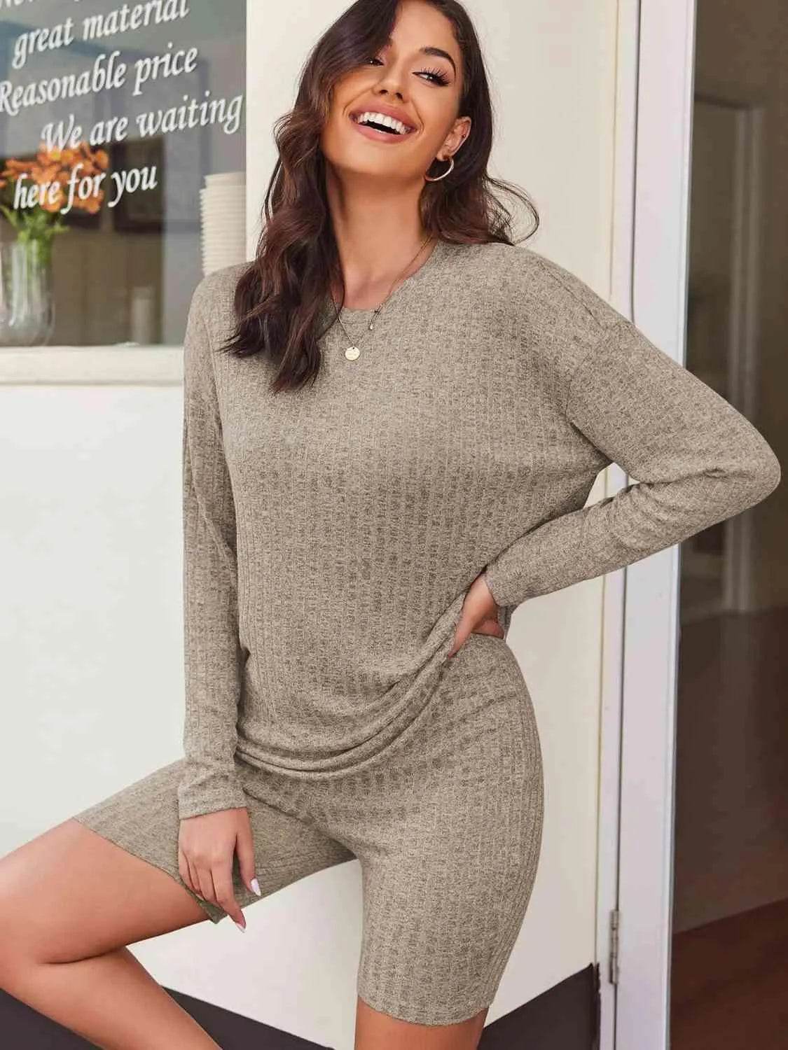 Ribbed Long Sleeve Top and Shorts Set - Bona Fide Fashion
