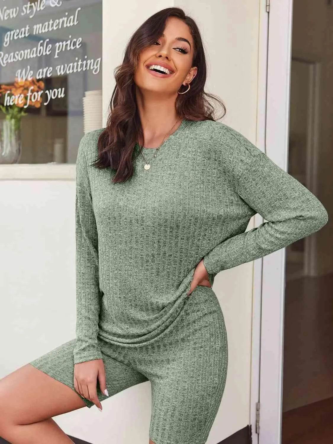 Ribbed Long Sleeve Top and Shorts Set - Bona Fide Fashion