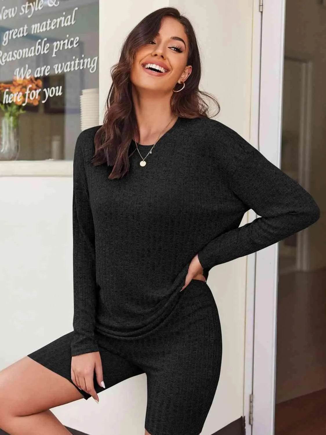 Ribbed Long Sleeve Top and Shorts Set - Bona Fide Fashion