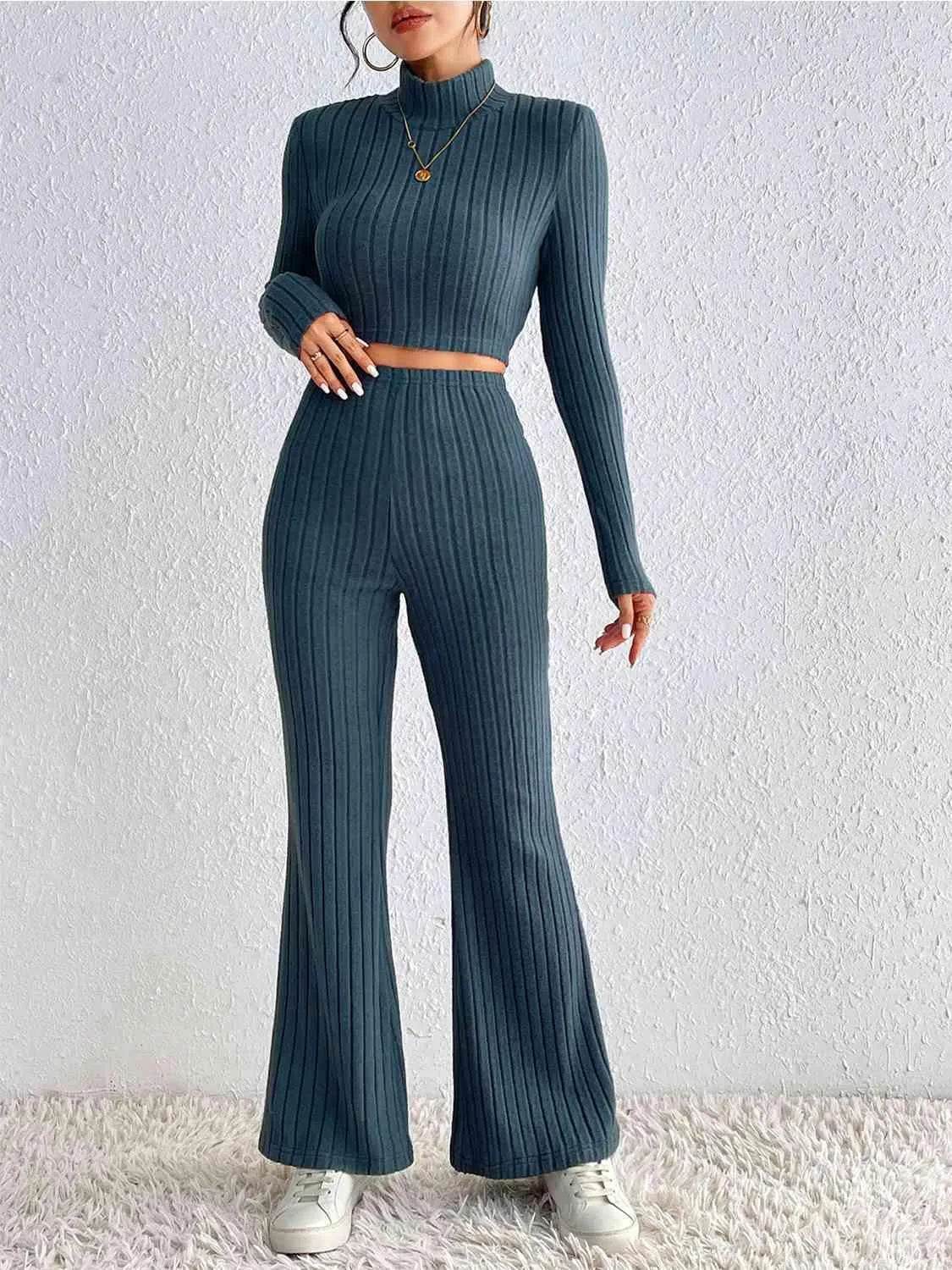 Ribbed Mock Neck Cropped Sweater & High Waist Pants Set - Bona Fide Fashion
