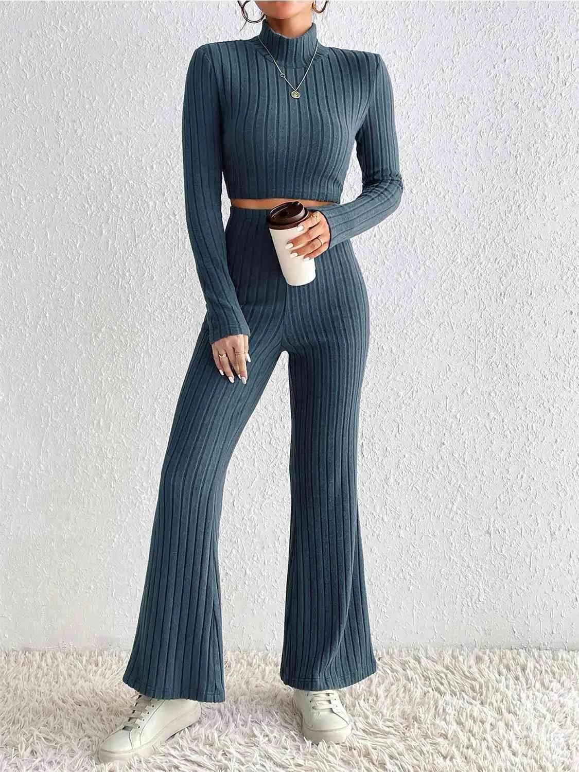 Ribbed Mock Neck Cropped Sweater & High Waist Pants Set - Bona Fide Fashion