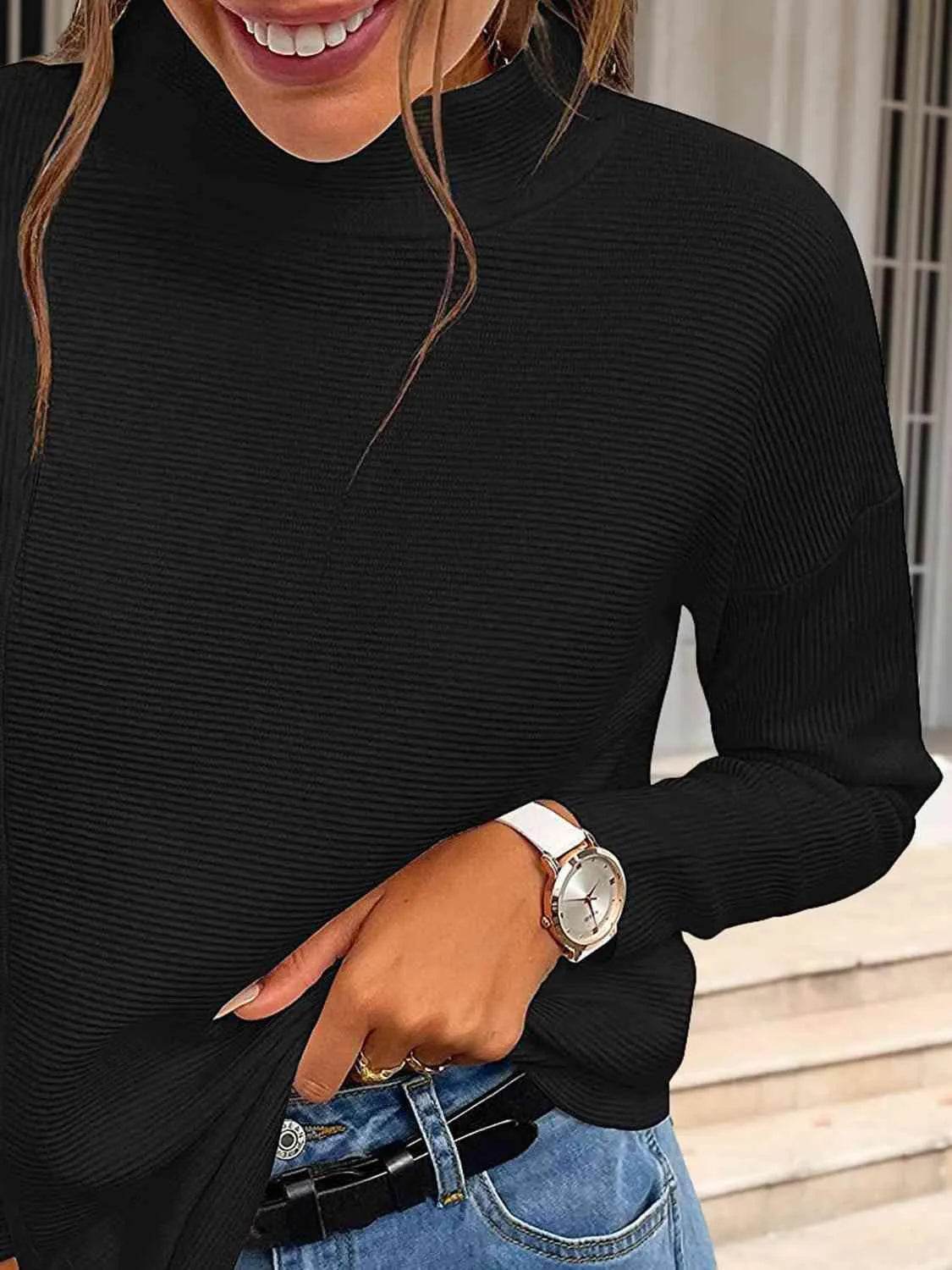 Ribbed Mock Neck Long Sleeve Sweater - Bona Fide Fashion