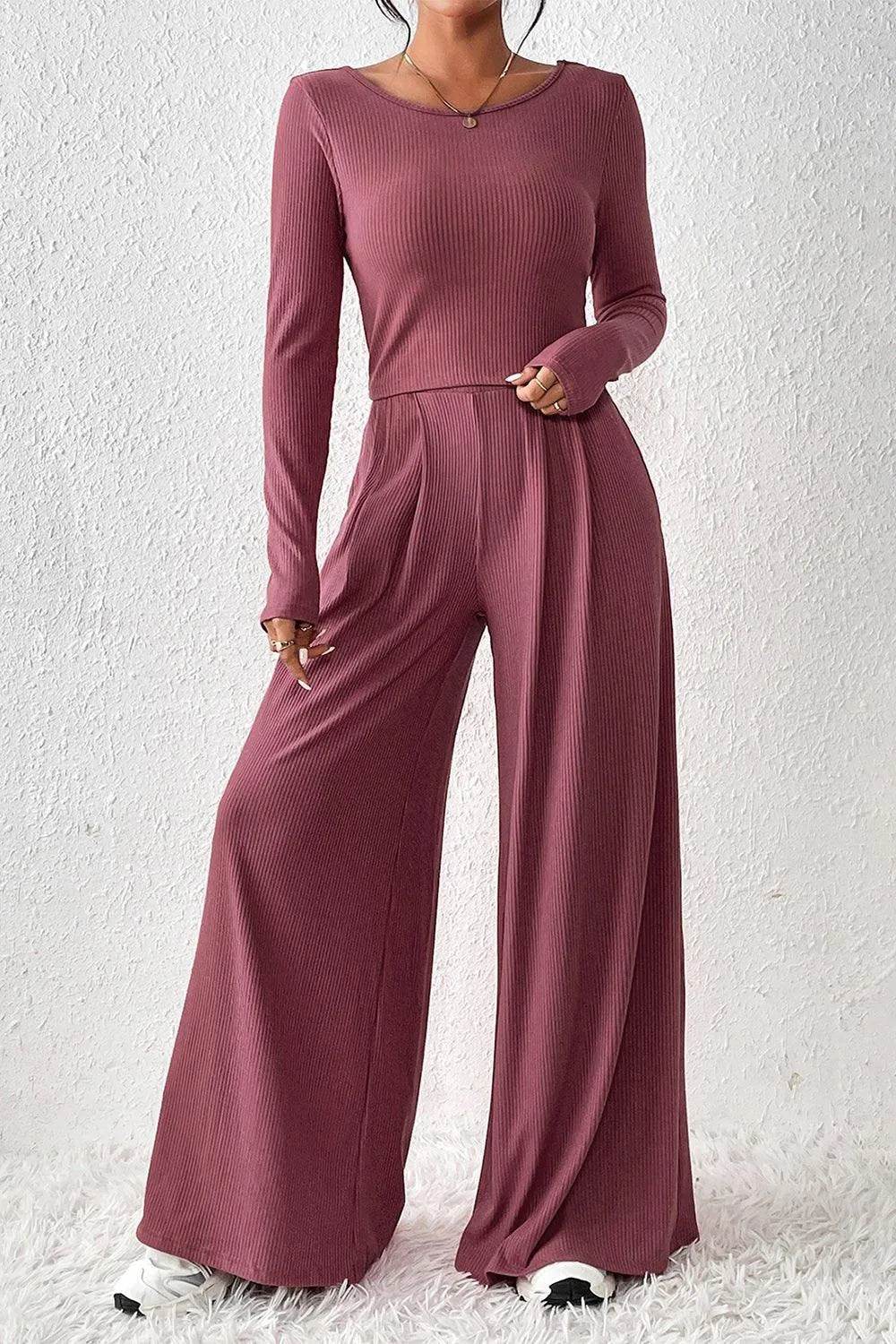 Ribbed Round Neck Top and Wide-Leg Pants Set - Bona Fide Fashion