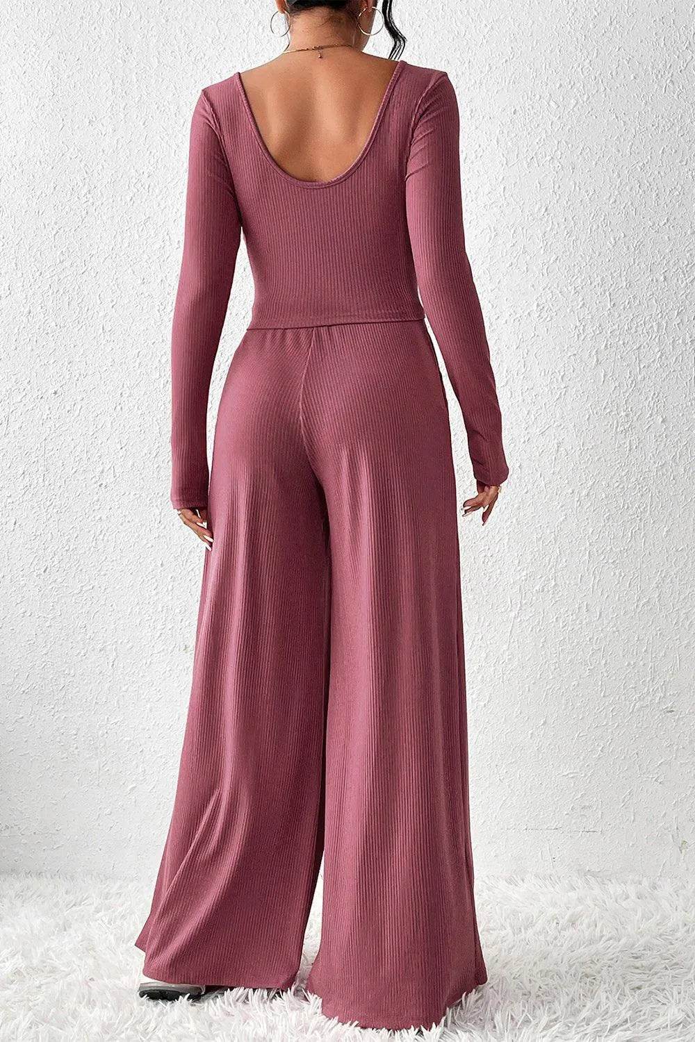 Ribbed Round Neck Top and Wide-Leg Pants Set - Bona Fide Fashion
