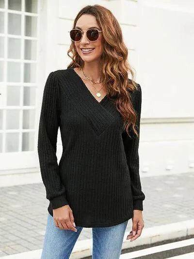 Ribbed Surplice Long Sleeve T-Shirt - Bona Fide Fashion