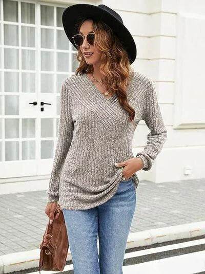 Ribbed Surplice Long Sleeve T-Shirt - Bona Fide Fashion