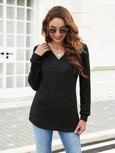 Ribbed Surplice Long Sleeve T-Shirt - Bona Fide Fashion