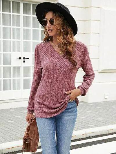 Ribbed Surplice Long Sleeve T-Shirt - Bona Fide Fashion