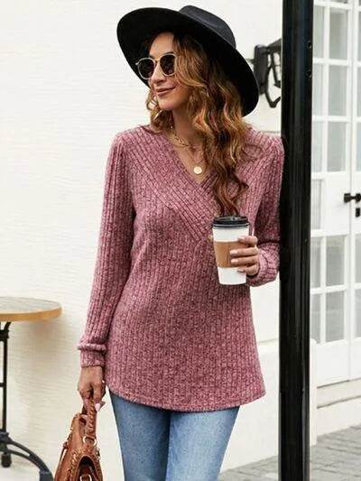 Ribbed Surplice Long Sleeve T-Shirt - Bona Fide Fashion