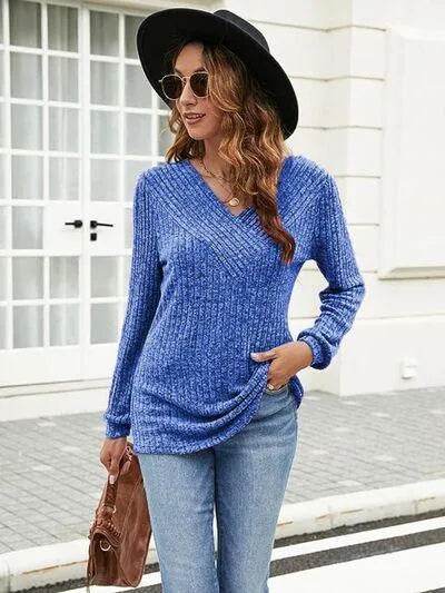 Ribbed Surplice Long Sleeve T-Shirt - Bona Fide Fashion