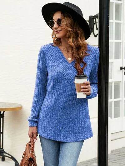 Ribbed Surplice Long Sleeve T-Shirt - Bona Fide Fashion