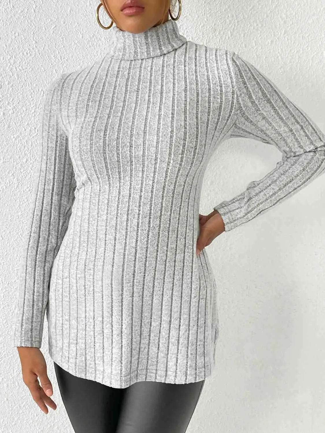 Ribbed Turtleneck Long Sleeve Slit T-Shirt - Bona Fide Fashion