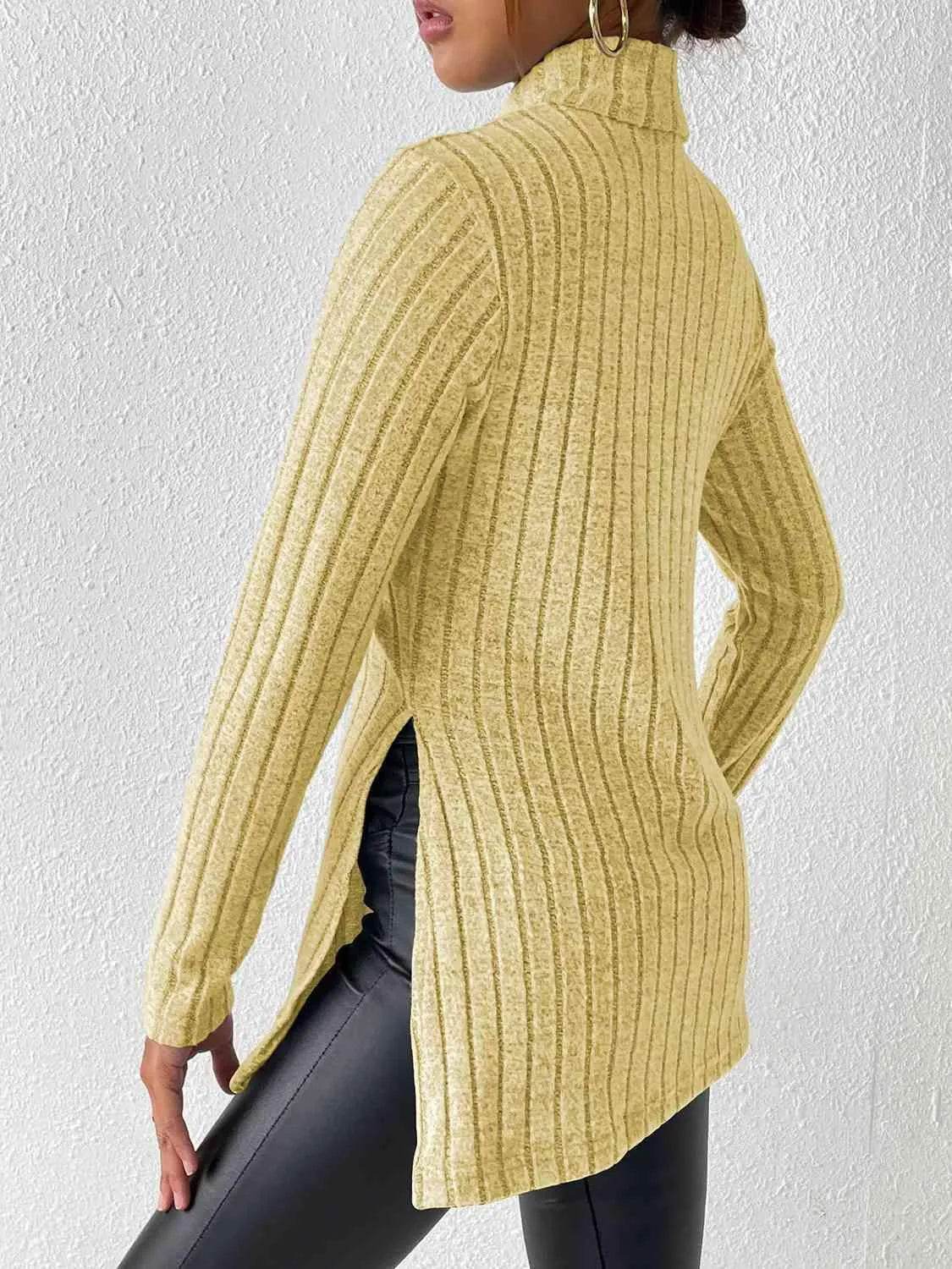 Ribbed Turtleneck Long Sleeve Slit T-Shirt - Bona Fide Fashion
