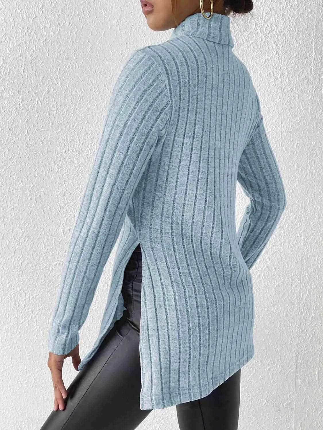 Ribbed Turtleneck Long Sleeve Slit T-Shirt - Bona Fide Fashion