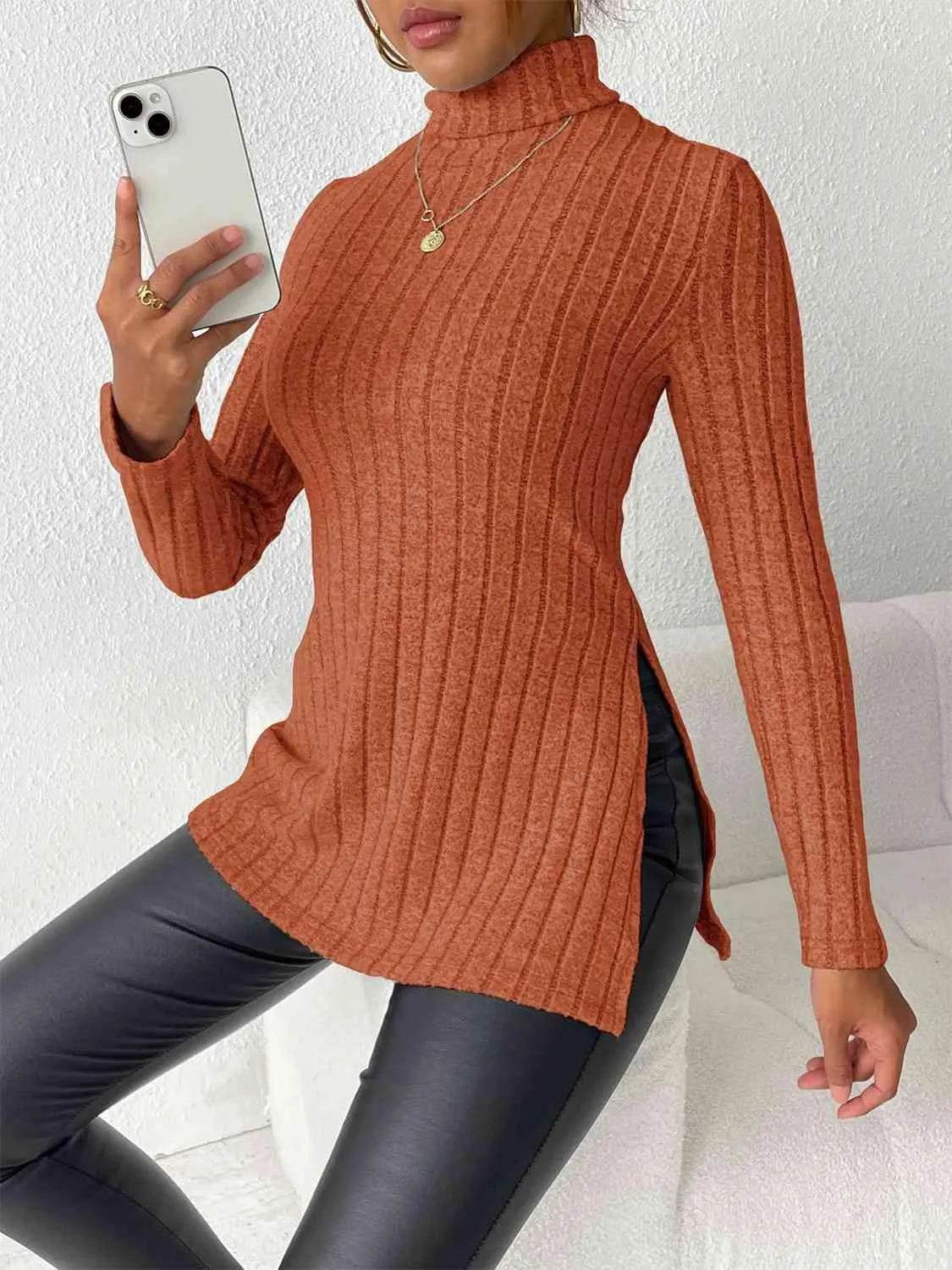 Ribbed Turtleneck Long Sleeve Slit T-Shirt - Bona Fide Fashion