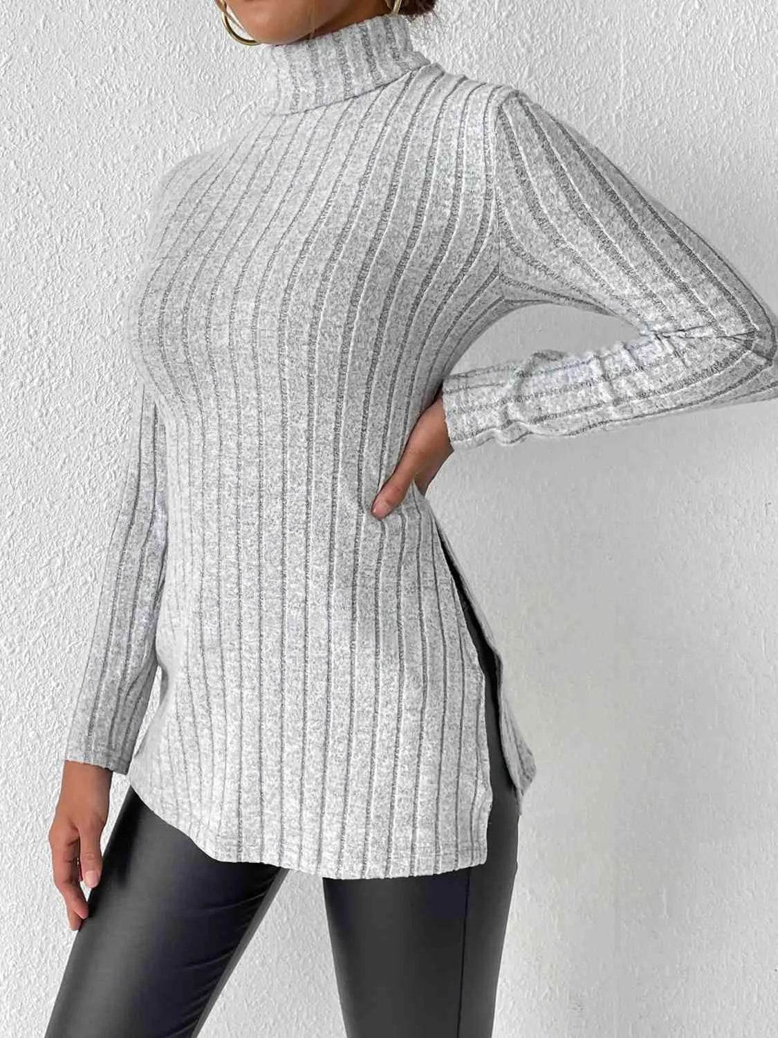 Ribbed Turtleneck Long Sleeve Slit T-Shirt - Bona Fide Fashion