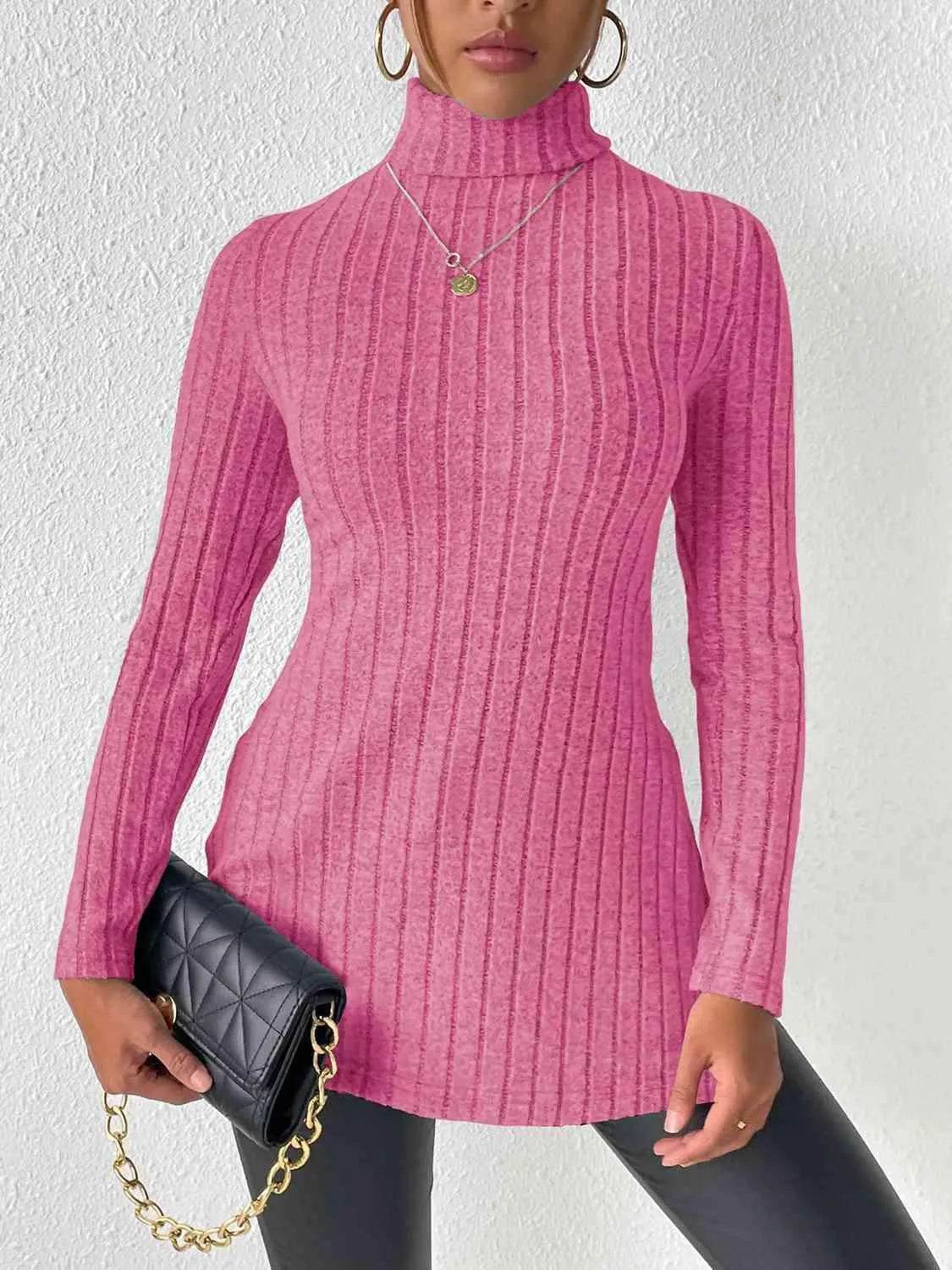Ribbed Turtleneck Long Sleeve Slit T-Shirt - Bona Fide Fashion