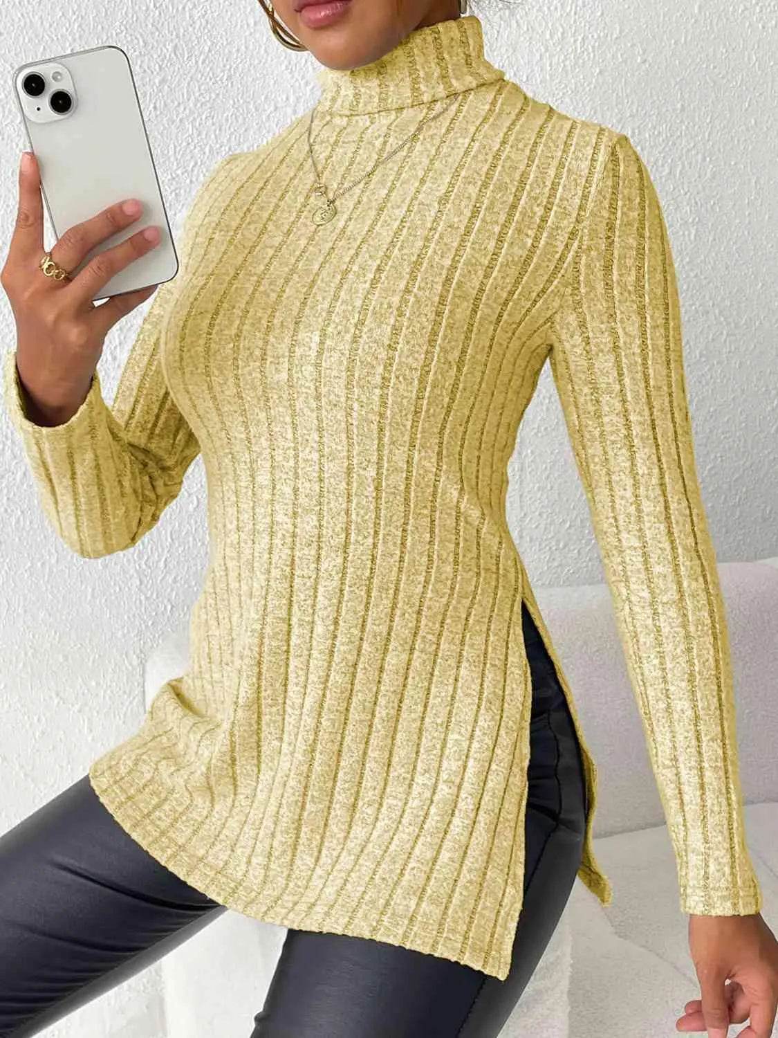 Ribbed Turtleneck Long Sleeve Slit T-Shirt - Bona Fide Fashion