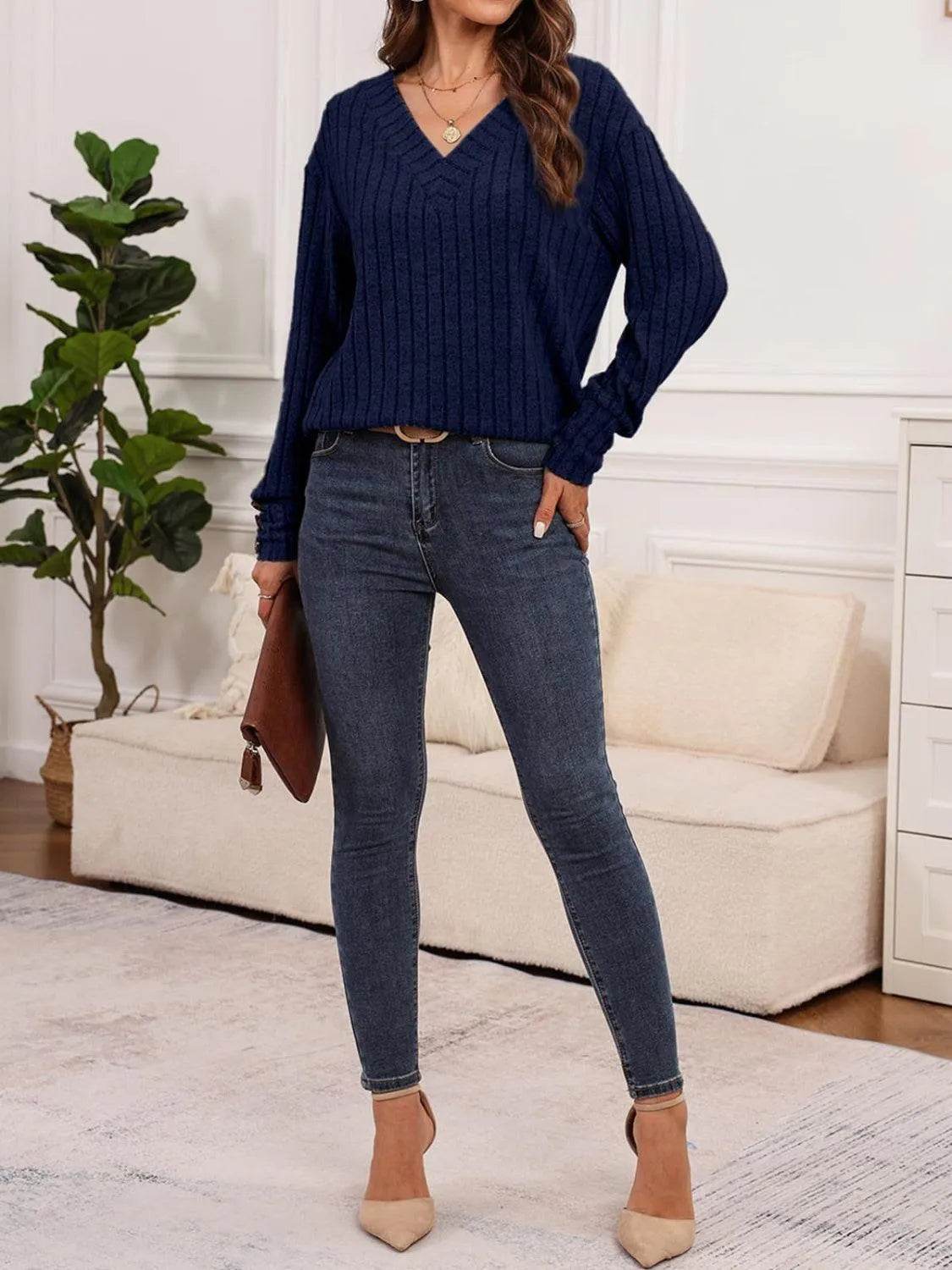 Ribbed V-Neck Long Sleeve T-Shirt - Bona Fide Fashion