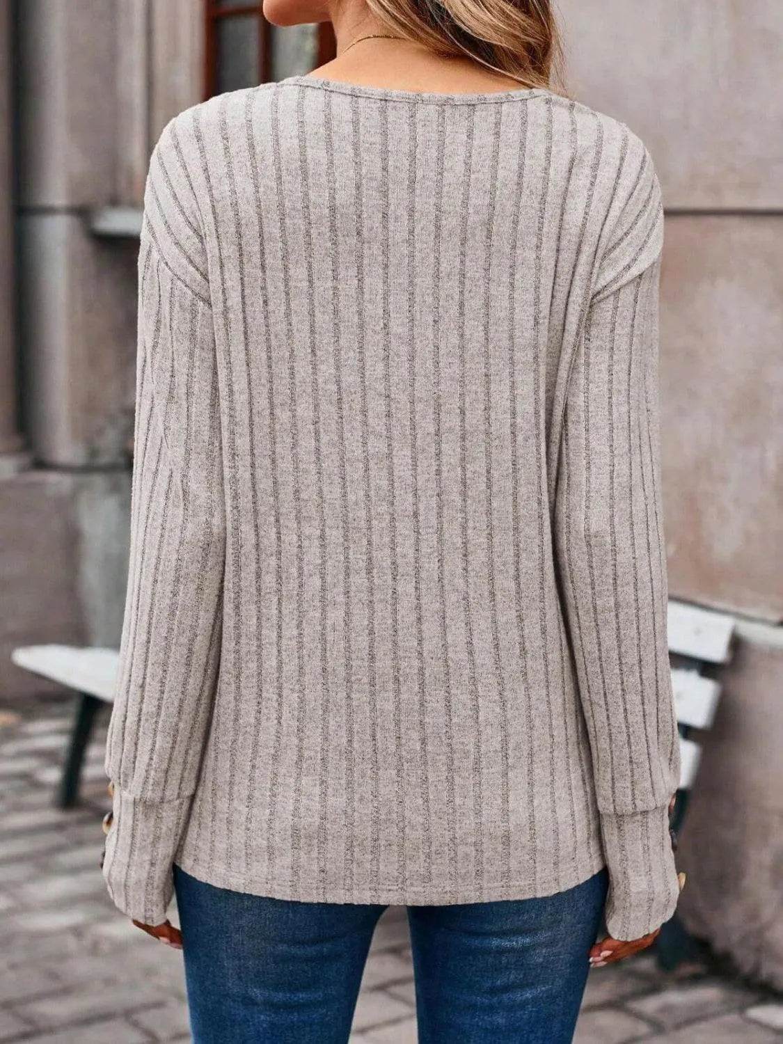 Ribbed V-Neck Long Sleeve T-Shirt - Bona Fide Fashion