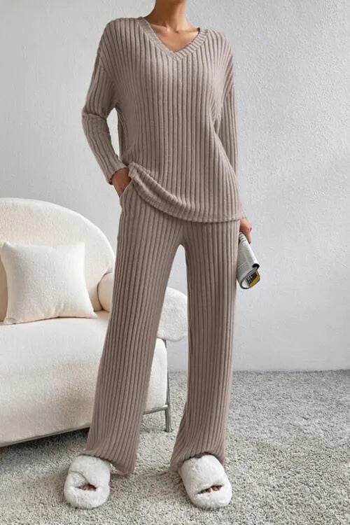 Ribbed V-Neck Top and Pants Set - Bona Fide Fashion