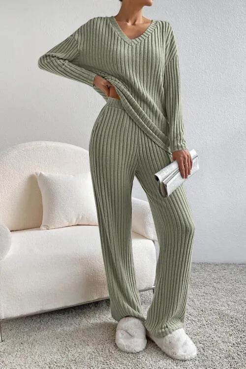 Ribbed V-Neck Top and Pants Set - Bona Fide Fashion