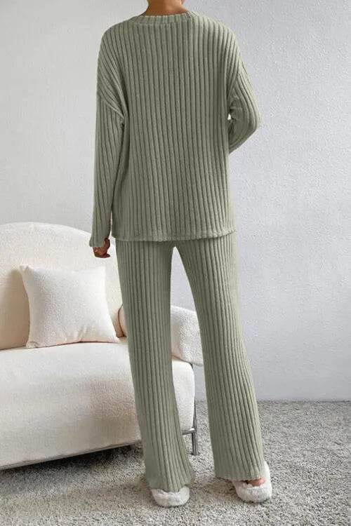 Ribbed V-Neck Top and Pants Set - Bona Fide Fashion