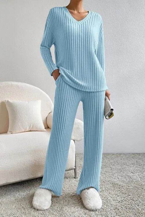 Ribbed V-Neck Top and Pants Set - Bona Fide Fashion