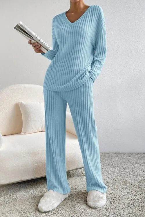 Ribbed V-Neck Top and Pants Set - Bona Fide Fashion