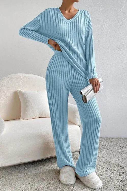 Ribbed V-Neck Top and Pants Set - Bona Fide Fashion