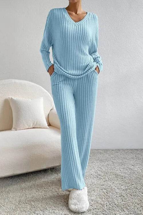 Ribbed V-Neck Top and Pants Set - Bona Fide Fashion