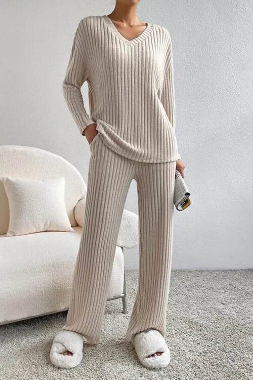 Ribbed V-Neck Top and Pants Set - Bona Fide Fashion