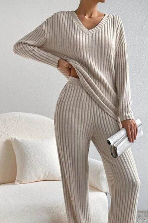 Ribbed V-Neck Top and Pants Set - Bona Fide Fashion