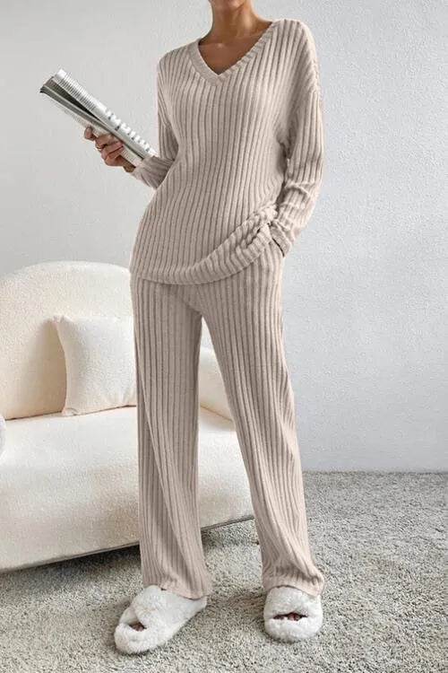 Ribbed V-Neck Top and Pants Set - Bona Fide Fashion