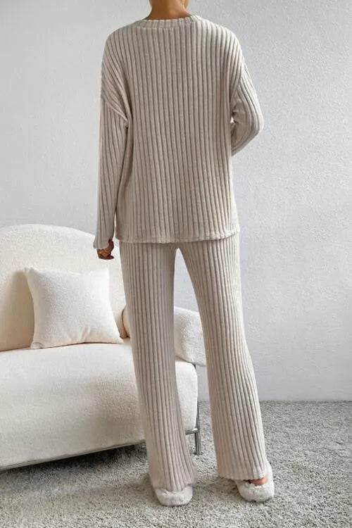 Ribbed V-Neck Top and Pants Set - Bona Fide Fashion